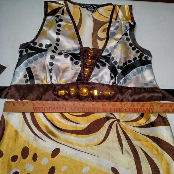 Vintage Y2K Antilia Femme Shirt Medium Sleeveless Yellow Brown Satin Bling Ties - Picture 4 of 16